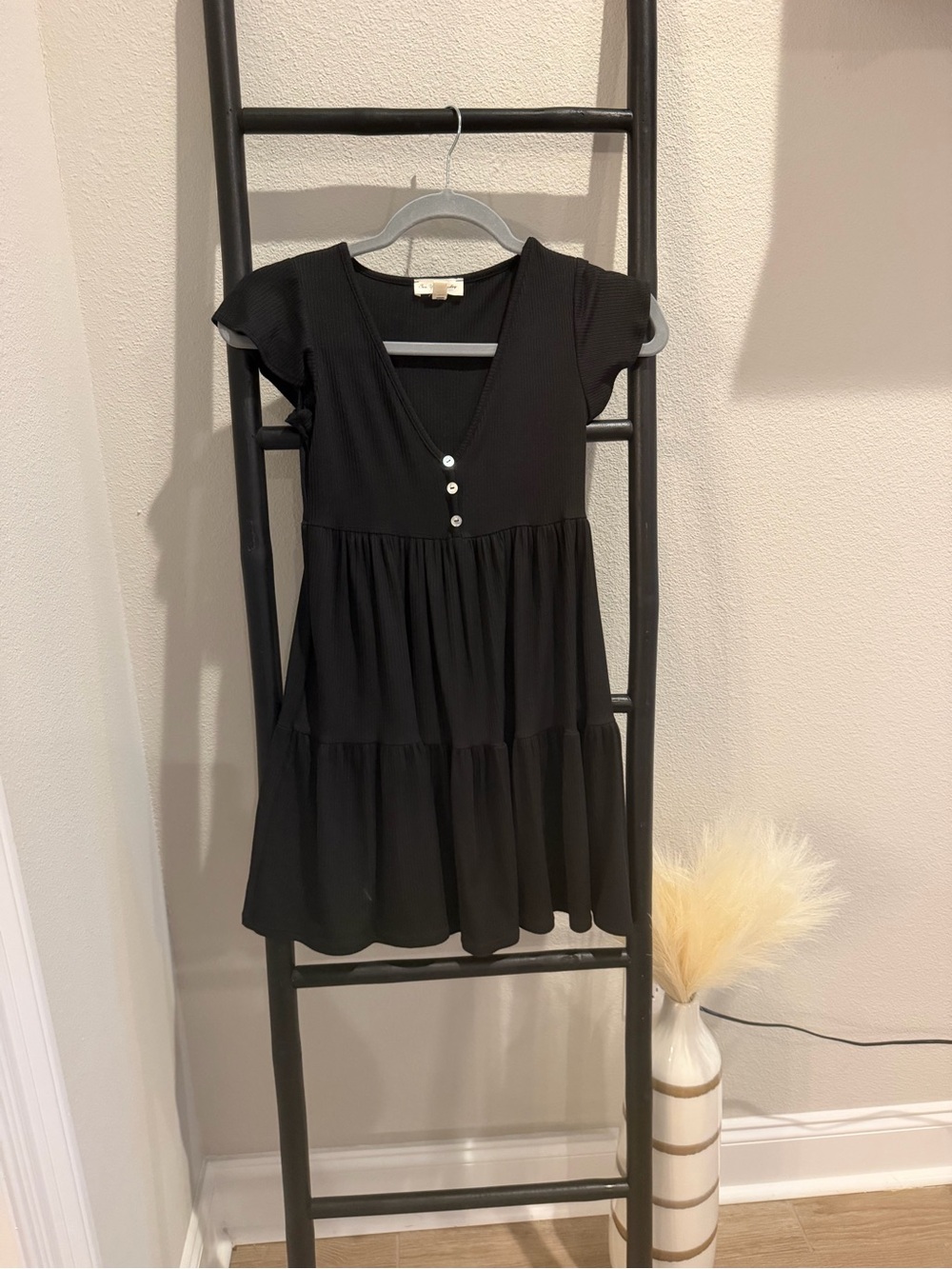 See You Monday Black Tiered V-Neck Dress with Button Trim